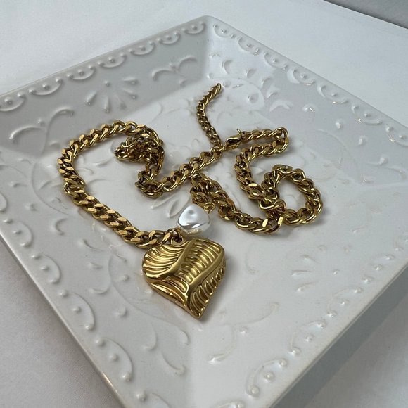 Heart Pearl Chunky Choker Necklace for Women Gold Statement Necklace Thick Chain - Picture 6 of 7